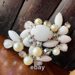 KRAMER NY Rhodium White Milk Glass Givre Pearl AB Rhinestone Brooch Earrings Set