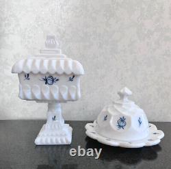 LE Smith Milk Glass Delft Blue Onion Dominion Butter Dish & Wedding Bowl