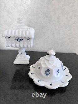 LE Smith Milk Glass Delft Blue Onion Dominion Butter Dish & Wedding Bowl