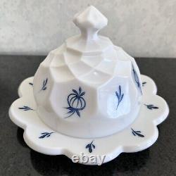 LE Smith Milk Glass Delft Blue Onion Dominion Butter Dish & Wedding Bowl