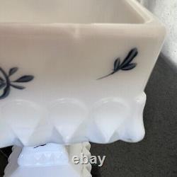 LE Smith Milk Glass Delft Blue Onion Dominion Butter Dish & Wedding Bowl