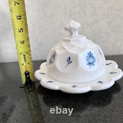 LE Smith Milk Glass Delft Blue Onion Dominion Butter Dish & Wedding Bowl