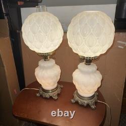 LOCAL PICKUP Pair Vintage L&L WMC Milk Glass Hurricane Lamps Lotus Dual Light