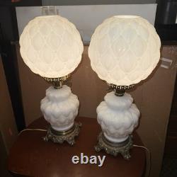 LOCAL PICKUP Pair Vintage L&L WMC Milk Glass Hurricane Lamps Lotus Dual Light