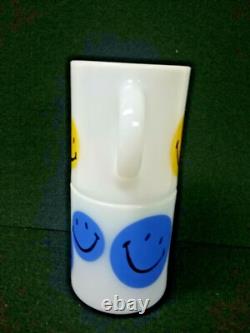 LOT 2 milk white glass coffee mugs HAPPY SMILEY FACE Glasbake