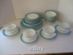 LOT 29 PCS Pyrex White withTurquoise & Gold Bands Plates Milk Glass Vintage 1950's