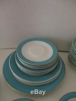 LOT 29 PCS Pyrex White withTurquoise & Gold Bands Plates Milk Glass Vintage 1950's