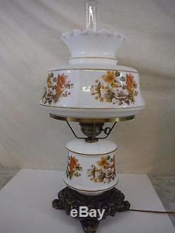 Large 26 Vintage Floral White Milk Glass GWTW Hurricane Table Lamp Mid Century