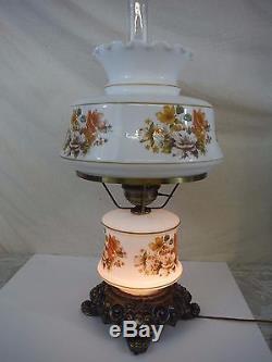 Large 26 Vintage Floral White Milk Glass GWTW Hurricane Table Lamp Mid Century