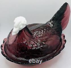Large 8 Vintage Fenton Purple Amethyst Glass Hen On Nest White Milk Glass Head