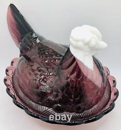 Large 8 Vintage Fenton Purple Amethyst Glass Hen On Nest White Milk Glass Head