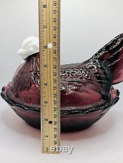 Large 8 Vintage Fenton Purple Amethyst Glass Hen On Nest White Milk Glass Head