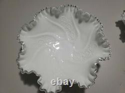 Large Fenton White Milk Glass Bowl Ruffle Crimped Edge Silver Crest
