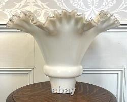 Large Fenton White Milk Glass Silver Crest Torchiere Ruffled Edge Lamp Shade