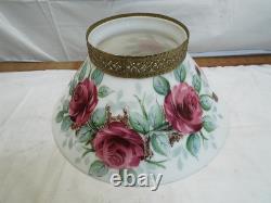 Large Hanging Lamp White Milk Glass Slant Cone Shade Rose Painted 14 Parlor