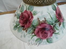 Large Hanging Lamp White Milk Glass Slant Cone Shade Rose Painted 14 Parlor