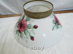 Large Hanging Lamp White Milk Glass Slant Cone Shade Rose Painted 14 Parlor