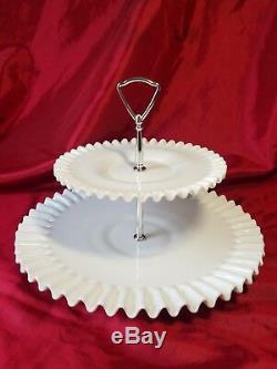 Large Vintage Fenton Milk Glass Hobnail Crimped Piecrust 2-Tier serving Tray