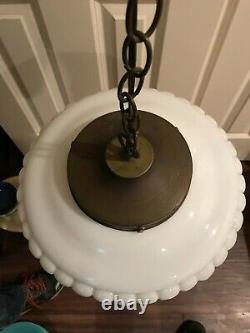 Large Vintage Milk Glass Chandelier White Glass Pendant Style with Brass Canopy
