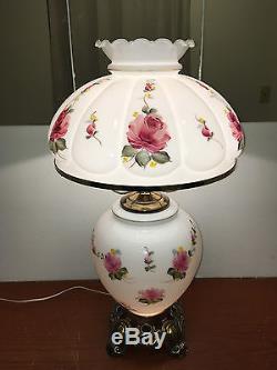 Large Vintage Milkglass Gwtw Ribbed Parlor Lamp Victorian With Handpainted Roses