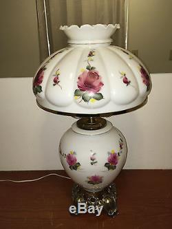 Large Vintage Milkglass Gwtw Ribbed Parlor Lamp Victorian With Handpainted Roses