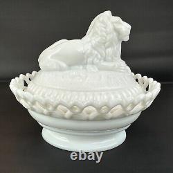 Large Westmoreland Milk Glass Lion on Nest Dish Lacy Base Farmhouse Vintage USA