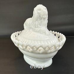 Large Westmoreland Milk Glass Lion on Nest Dish Lacy Base Farmhouse Vintage USA