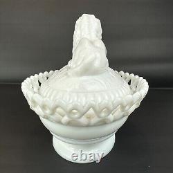 Large Westmoreland Milk Glass Lion on Nest Dish Lacy Base Farmhouse Vintage USA