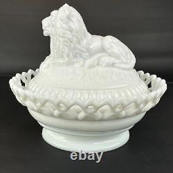 Large Westmoreland Milk Glass Lion on Nest Dish Lacy Base Farmhouse Vintage USA