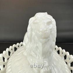 Large Westmoreland Milk Glass Lion on Nest Dish Lacy Base Farmhouse Vintage USA