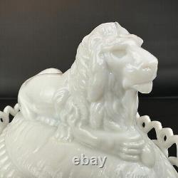 Large Westmoreland Milk Glass Lion on Nest Dish Lacy Base Farmhouse Vintage USA