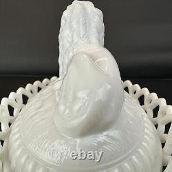 Large Westmoreland Milk Glass Lion on Nest Dish Lacy Base Farmhouse Vintage USA