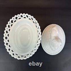 Large Westmoreland Milk Glass Lion on Nest Dish Lacy Base Farmhouse Vintage USA