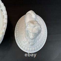 Large Westmoreland Milk Glass Lion on Nest Dish Lacy Base Farmhouse Vintage USA