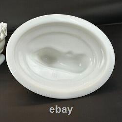 Large Westmoreland Milk Glass Lion on Nest Dish Lacy Base Farmhouse Vintage USA