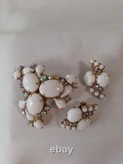 Large White Milk Glass Cabochons & Aurora Borealis Rhinestone Brooch & Earrings