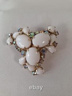 Large White Milk Glass Cabochons & Aurora Borealis Rhinestone Brooch & Earrings