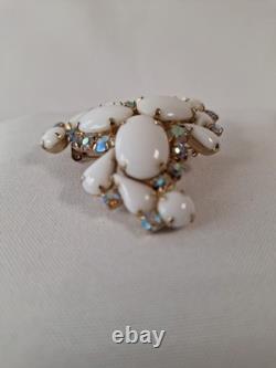 Large White Milk Glass Cabochons & Aurora Borealis Rhinestone Brooch & Earrings