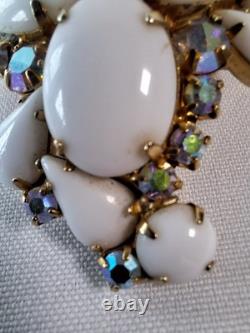 Large White Milk Glass Cabochons & Aurora Borealis Rhinestone Brooch & Earrings