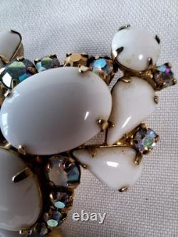 Large White Milk Glass Cabochons & Aurora Borealis Rhinestone Brooch & Earrings