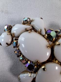 Large White Milk Glass Cabochons & Aurora Borealis Rhinestone Brooch & Earrings