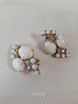 Large White Milk Glass Cabochons & Aurora Borealis Rhinestone Brooch & Earrings