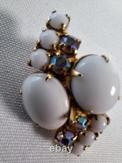 Large White Milk Glass Cabochons & Aurora Borealis Rhinestone Brooch & Earrings