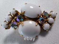 Large White Milk Glass Cabochons & Aurora Borealis Rhinestone Brooch & Earrings