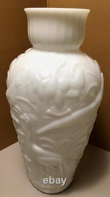 Large milk glass vase 15-1/2 inches peacock heron quail birds