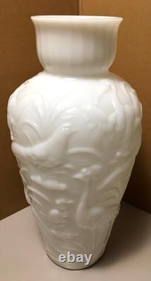 Large milk glass vase 15-1/2 inches peacock heron quail birds