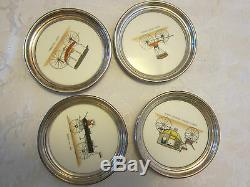 Lenox 4 Coasters Art Deco white & sterling silver milk glass cars 4 1/2 vintage
