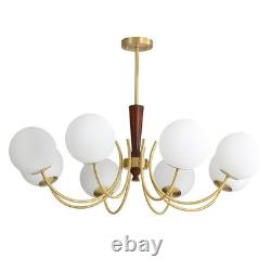 Lighting 8 Light Brass Gold Chandelier White Milk Glass Pendant Light Mid Cen