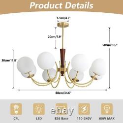 Lighting 8 Light Brass Gold Chandelier White Milk Glass Pendant Light Mid Cen