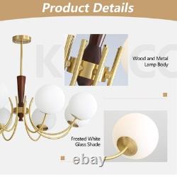 Lighting 8 Light Brass Gold Chandelier White Milk Glass Pendant Light Mid Cen
